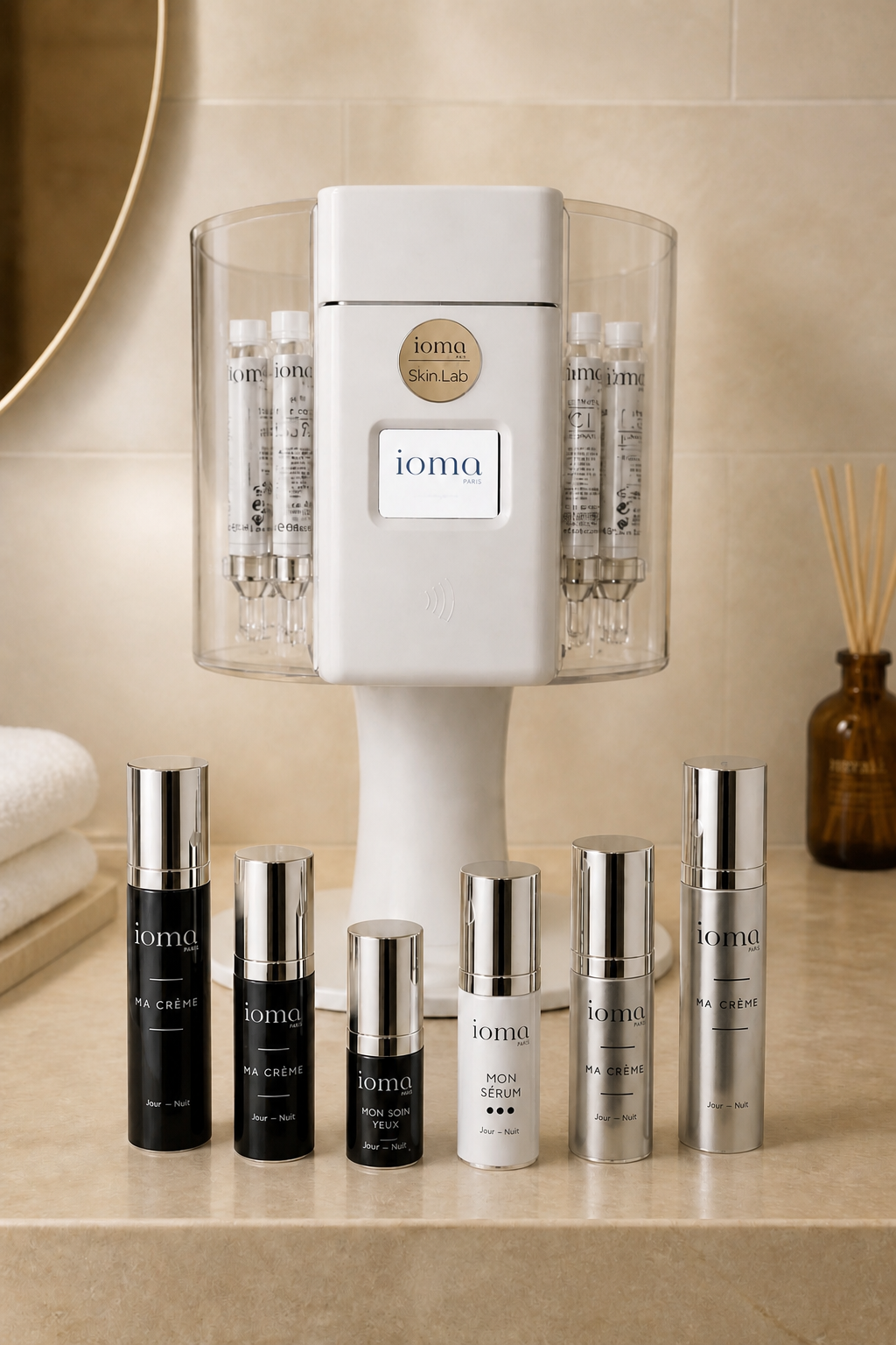 O dispositivo IOMA In.Lab formula, na hora, um creme ou sérum único a partir do seu diagnóstico de pele.